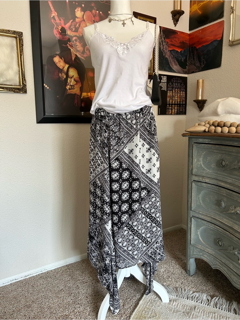Vintage Y2K 90s Whimsigoth Handkerchief Hem Maxi Skirt XL Mixed Print Patchwork